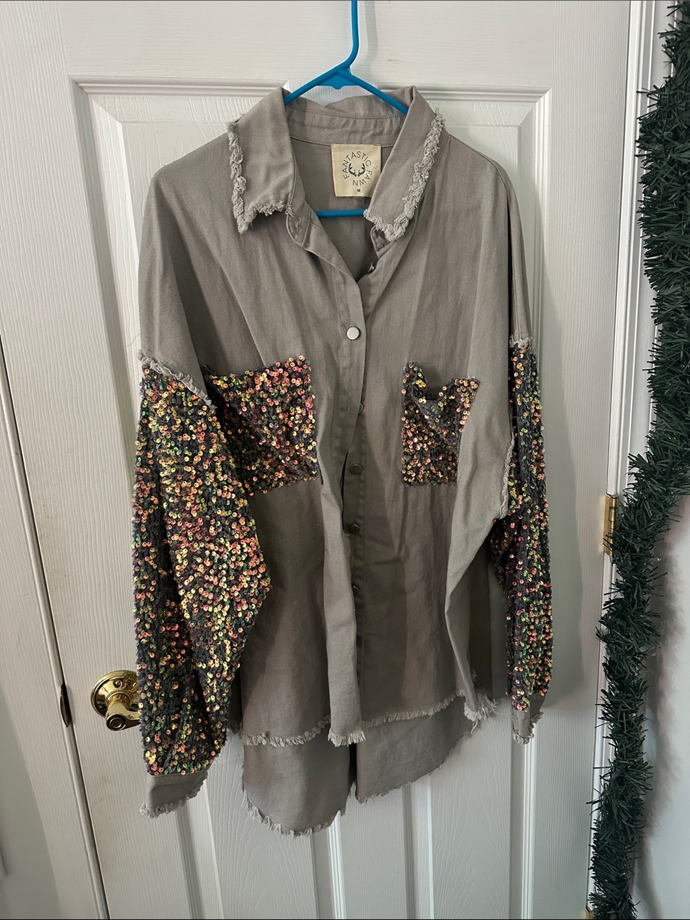 Fantastic Fawn Taupe Button-Down with Multicolor Sequin Sleeves